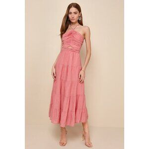 Lulus Effortless Sweetness Rusty Rose Ruched Lace-up Tiered Midi Dress Pink